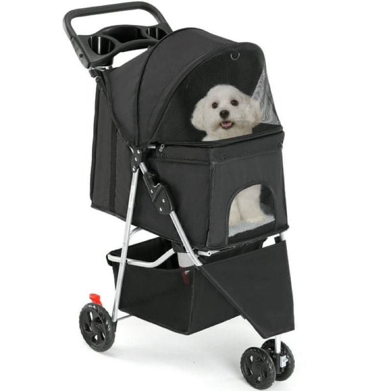 zunmos 3-wheel dog stroller, pet stroller for small and medium cats and dogs with cup holder and storage basket, black