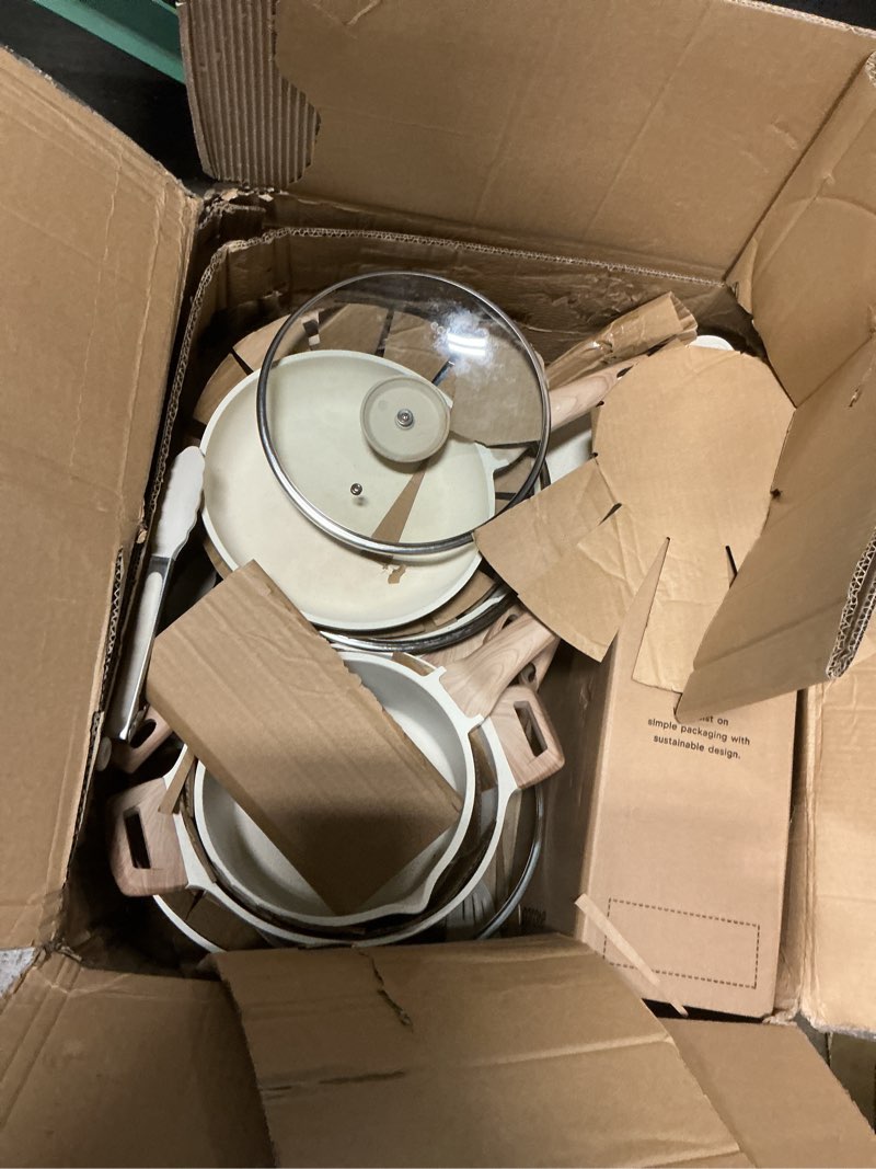 Condition photo showing As Is for CAROTE ICE 35pcs Pots and Pans Set, Nonstick Cookware Sets, White Granite Induction Cookware with Kitchen Knife Set Cream White 35 Piece