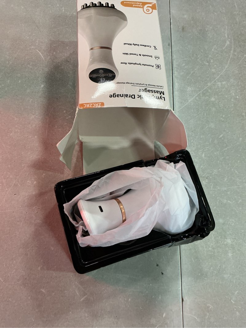 Condition photo showing As Is for lymphatic drainage massager, lymphatic massager, helps reduce stretch marks & cellulite, for legs, arms & belly, body sculpting machine with microcurrent, light, heat & vibration, white