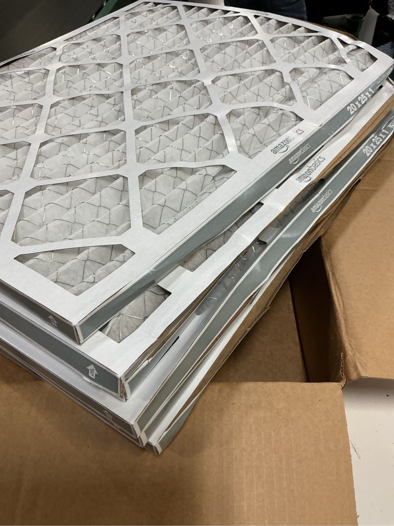 Condition photo showing As Is for amazon basics 20x25x1 air filter 6-pack, merv 8 ac furnace filters, removes dust, electrostatic, allergy control (actual size: 19.75" x 24.75" x 0.75") 20x25x1 merv 8