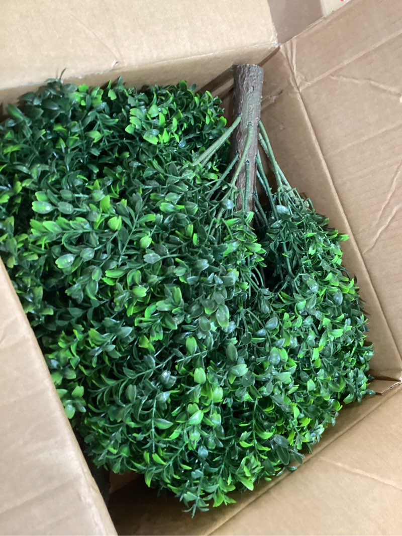 Condition photo showing Good Condition for dense leafy artificial boxwood topiary ball trees 24 inch, set of 2 fake plants outdoor with ground spike, uv resistant faux boxwood bushes for garden patio front porch decor