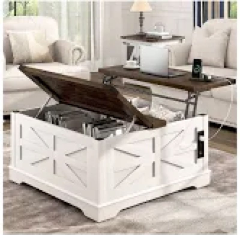 Farmhouse Lift Top Coffee Table with Storage, Wood Square Center Table with Charging Station&USB Ports