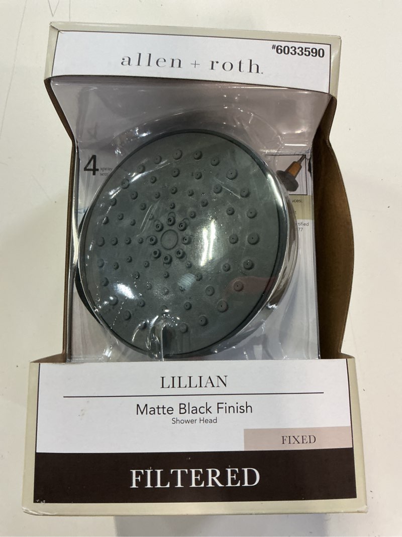 Condition photo showing As Is for 100+ bought last week allen + roth lillian 4 -spray matte black 5.91-in round filtered shower head 1.8 gpm