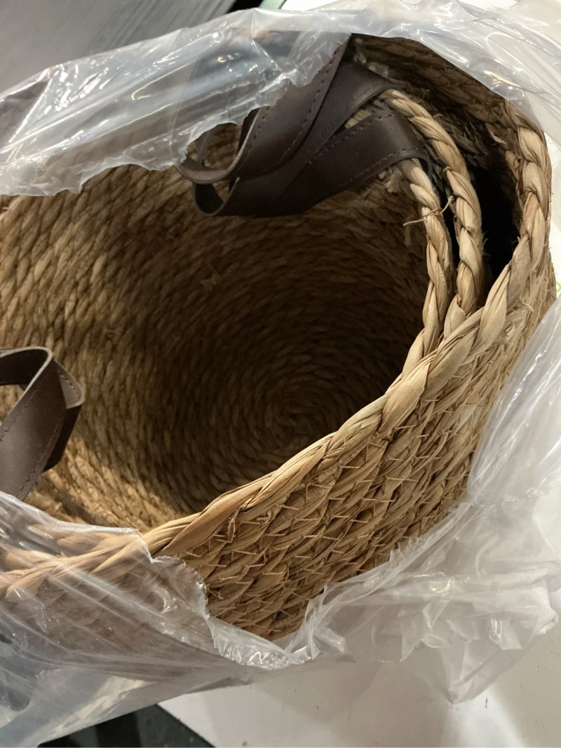 Condition photo showing Good Condition for gib round wicker woven seagrass storage baskets with leather handles set of 3, natural decorative braided rope wicker baskets bins for shelves blankets organizing, 13", 12" & 11"