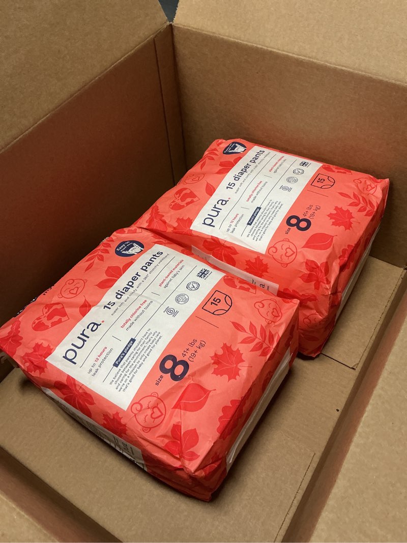 Condition photo showing New/Like New for pura hypoallergenic diaper pants size 8 (41+ lbs) overnight, up to 12 hours leak protection, suitable for sensitive skin, totally chlorine free, soft organic cotton, 2 pack of 15 pull up pants size 8 15(30 pcs)