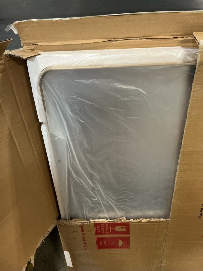 Condition photo showing Good Condition for loaao 24”x36” gold bathroom mirror, rounded rectangle gold frame mirror, brushed gold bathroom vanity mirror wall-mounted, anti-rust, hangs horizontally or vertically gold 36"l x 24"w