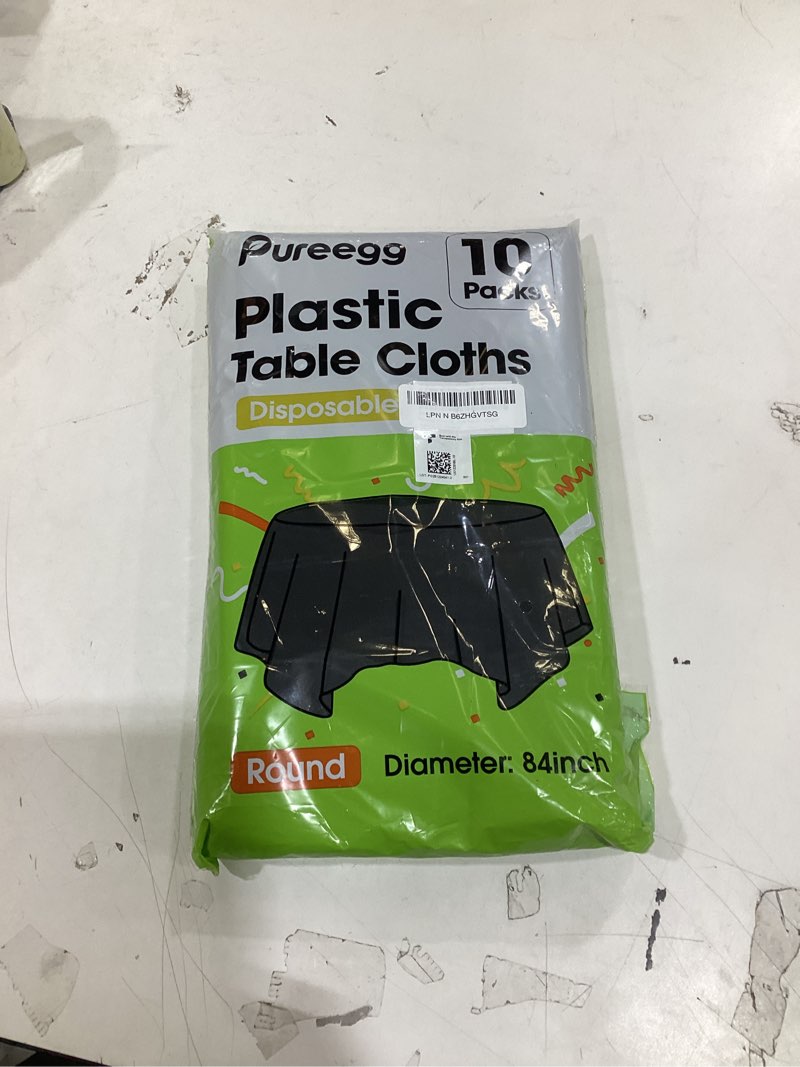 Condition photo showing New/Like New for pureegg plastic table cloth disposable 10 pack, 84'' round table cloths, halloween party decorations, summerween decor, halloween tablecloths, round, plastic cover, leakproof & sturdy, black black 84" round