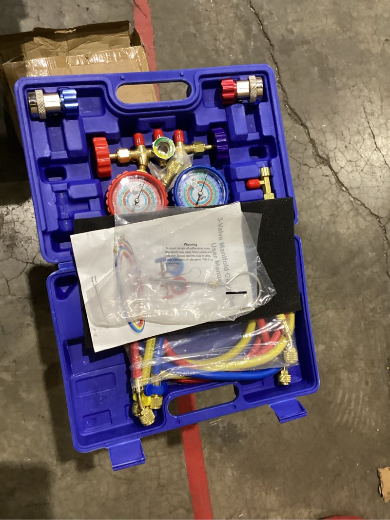 Condition photo showing New/Like New for Orion Motor Tech AC Gauges, AC Manifold Gauge Set for R134a R12 R22 R502, 3 Way Automotive AC Gauge Set with Antishock Gauges Hoses Couplers Adapter, Puncturing Can Tap Freon Recharge Kit