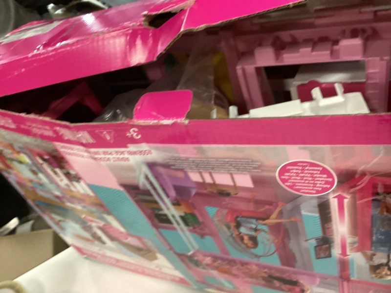 Condition photo showing As Is for Barbie 3-Story Townhouse Dollhouse with Elevator, Swing Chair, Furniture and Accessories, Fold for Portability and Travel (Amazon Exclusive)