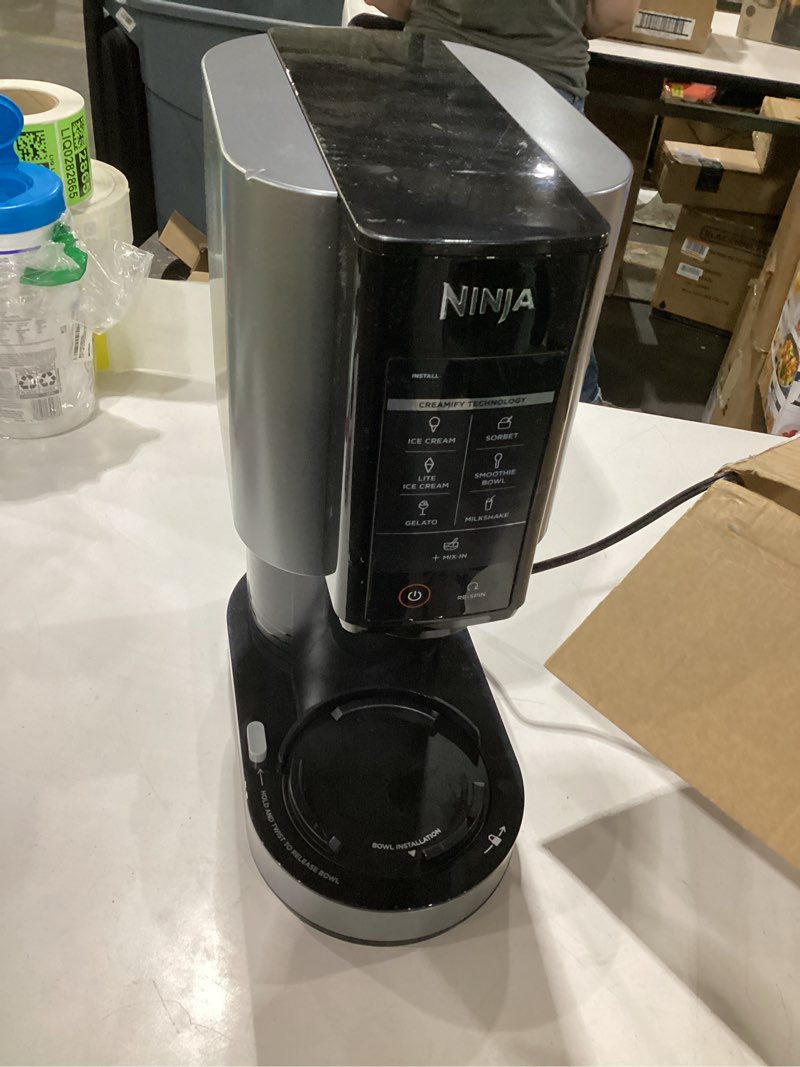 Condition photo showing As Is for incomplete missing pot!!! ninja nc301 creami ice cream maker, for gelato, mix-ins, milkshakes, sorbet, smoothie bowls & more, 7 one-touch programs, with (2) pint containers & lids, compact size, perfect for kids, silver