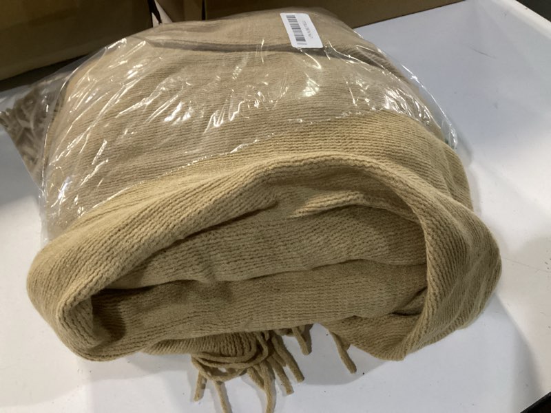 Condition photo showing Good Condition for vonty light brown knitted blanket with tassels fringe 60" x 80", super soft knit throw blanket, farmhouse decorative lightweight blanket for couch, sofa, bed camel brown 60" x 80"