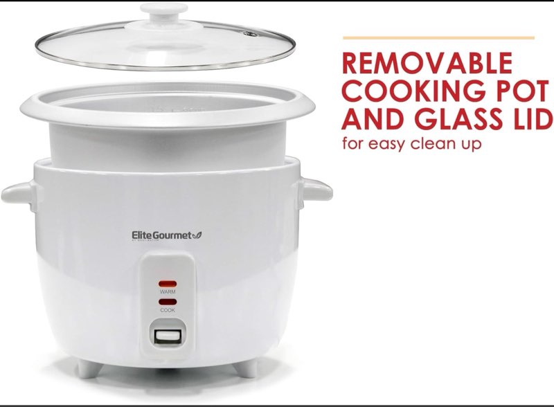 elite gourmet erc-003 electric rice cooker with automatic keep warm makes soups, stews, grains, hot cereals, white, 6 cups cooked (3 cups uncooked)