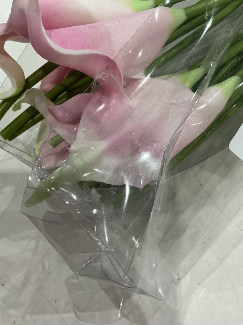 Condition photo showing As Is for crafjie 22pcs 13.4 inch pink lataex real touch artificial calla lily flowers, for home decor for spring flowers, home kitchen, wedding decorations, and centerpieces.