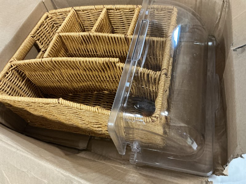 Condition photo showing Good Condition for sliner large wicker silverware organizer with acrylic cover 6 compartment utensil holder for kitchen counter outdoor patio plates and napkins holder wicker paper plate dispenser with lid