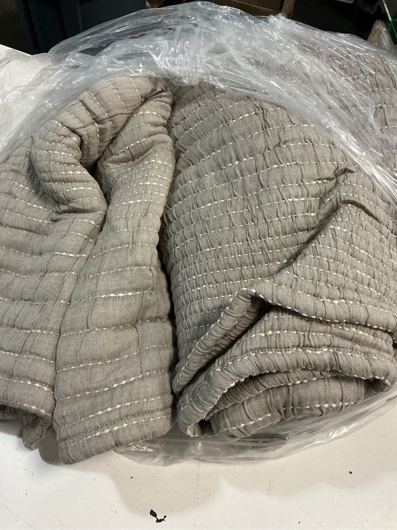 Condition photo showing As Is for quince european linen cotton stitch quilt set, king/cal king, natural