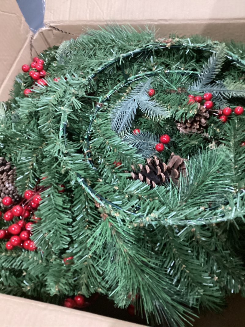 Condition photo showing As Is for Large Outdoor Christmas Wreath, 24 Inch Christmas Wreaths for Front Door Outside, Farmhouse Indoor Winter Wreath Window, Home Decorations with Pine Cones, Red Berries, Evergreen Leaves