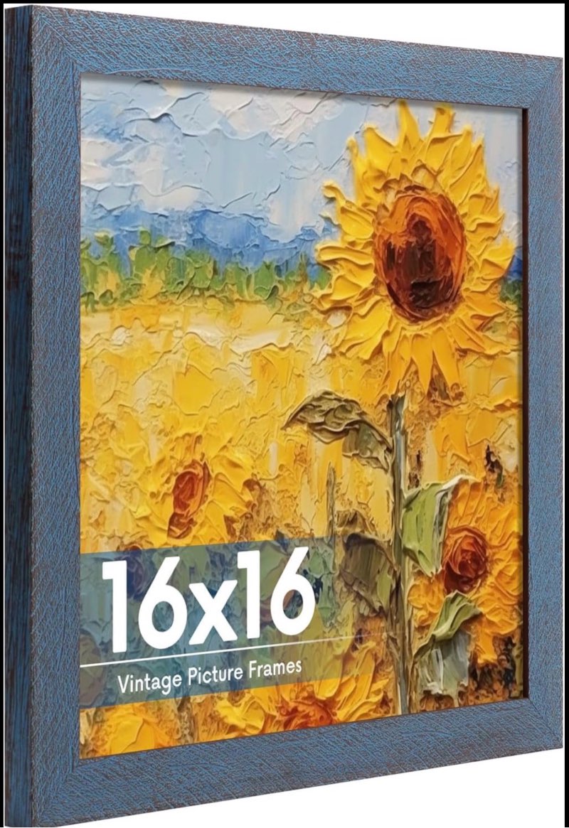 16x16 Frame, Vintage 16 x 16 Picture Frame Plexiglass Glass for Wall Display, Square Rustic 16x16 Photo Picture Frame, Antique Blue Collage Gallery Wall Picture Frames, Widen Border