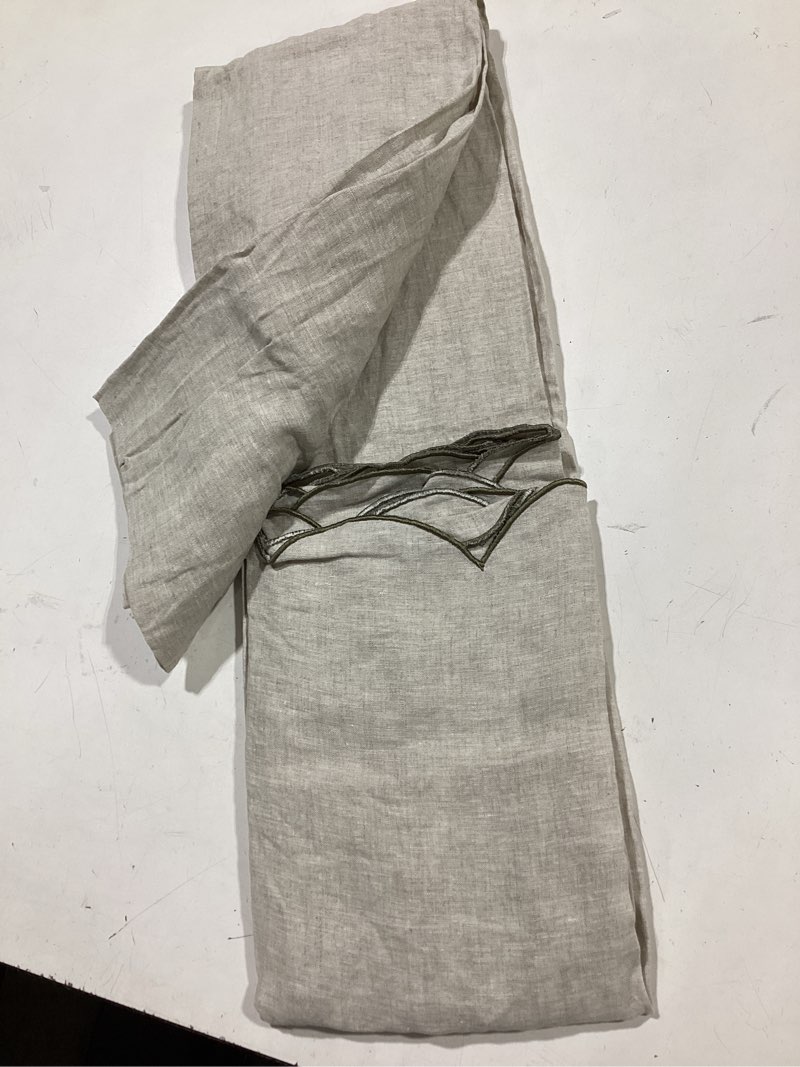 Condition photo showing Good Condition for 100% french flax linen tablecloths scalloped embroidery rectangle 108lx60w inch for dinners, parties, spring, machine washable, 8-10 sets, linen(edges-green) linen(edges-green) 108" x 60" (rectangular)