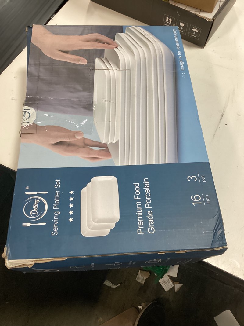 Condition photo showing New/Like New for delling 16 inch large serving platter set of 3, white porcelain platters for serving food - rectangular serving trays for party entertaining, oven safe to 590f, dinnerware white 16 inch