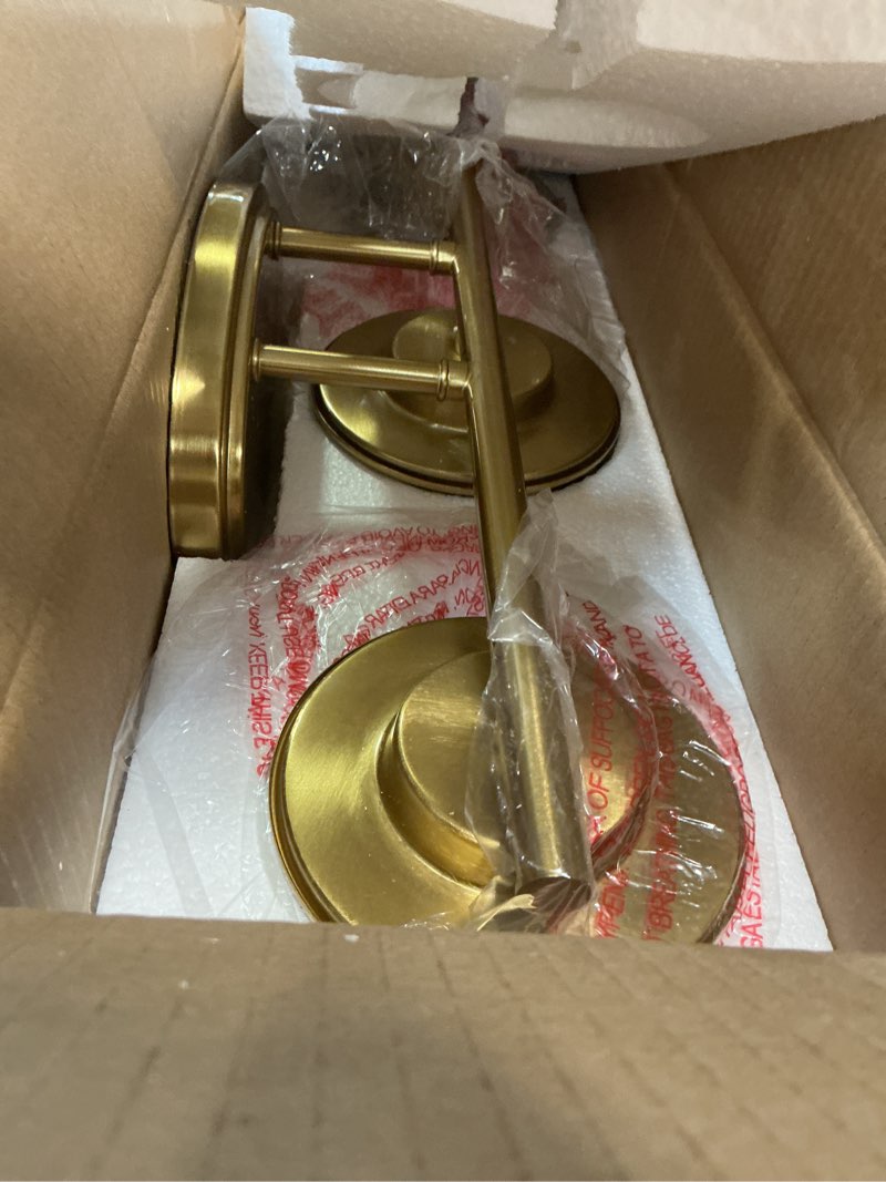 Condition photo showing Good Condition for modern vanity lights with cage shade - 3 lights, brushed gold, over mirror, for bathroom & kitchen brushed gold cage shade 3-lights