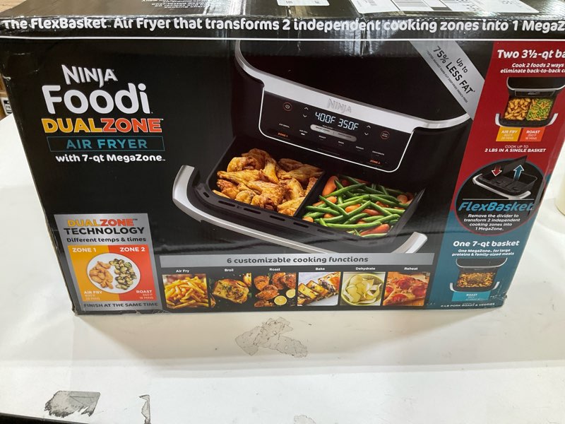 Condition photo showing New/Like New for Ninja Foodi 6-in-1 FlexBasket Air Fryer with 7-QT MegaZone & Basket Divider for Large Proteins & Full Meals, Smart Finish Cook 2 Foods 2 Ways, Family Sized Capacity, Air Fry, Roast & More, Black DZ071 7QT BLACK