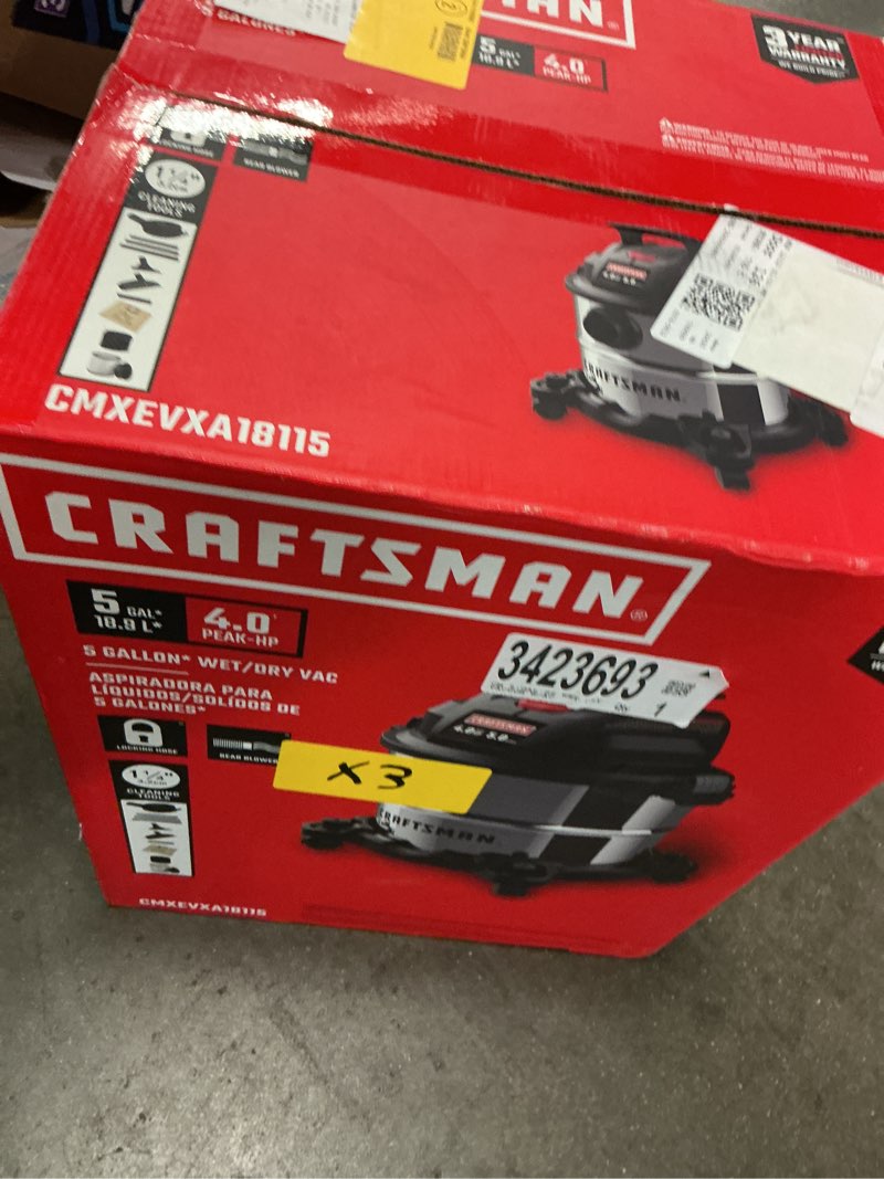 Condition photo showing As Is for craftsman 5-gallon 4-hp corded wet/dry shop vacuum with accessories included
