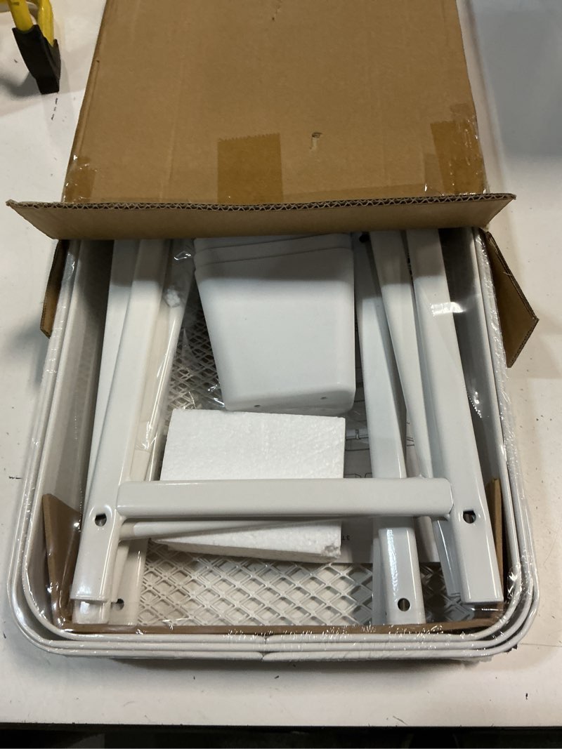 Condition photo showing Good Condition for 3 tier heavy duty white metal rolling cart with lockable wheels, three tier roller book snack cart, utility storage organizer carts for kitchen, bathroom, garage, baby diaper, craft, art, teacher simple white 3 tier