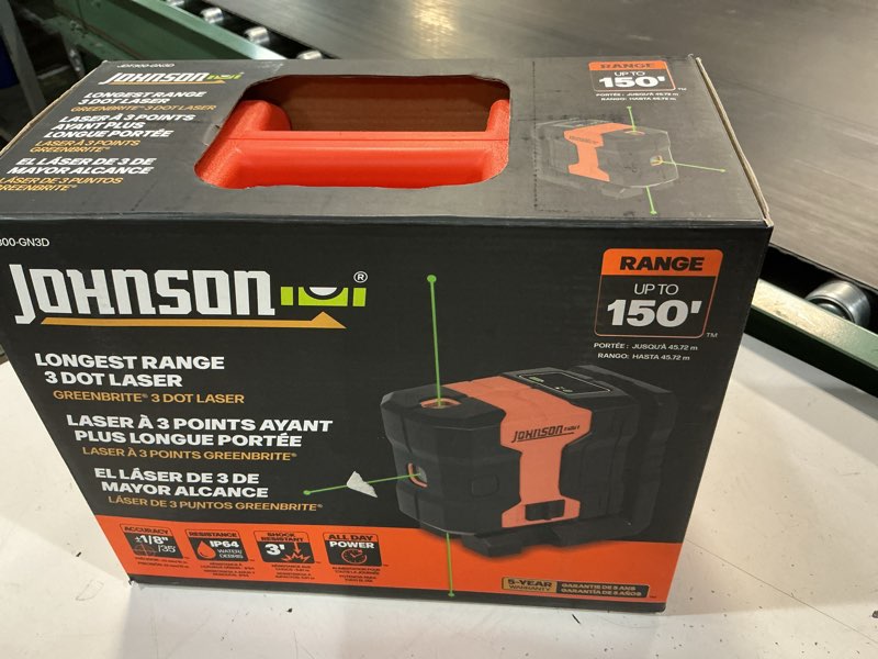 Condition photo showing New/Like New for johnson level & tool jdt300-gn3d laser level, self-leveling kit 3 dot laser with greenbrite® technol