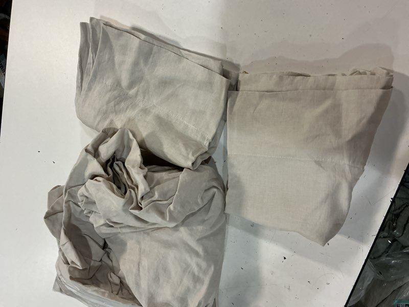 Condition photo showing As Is for european linen fitted sheet set, queen, sand