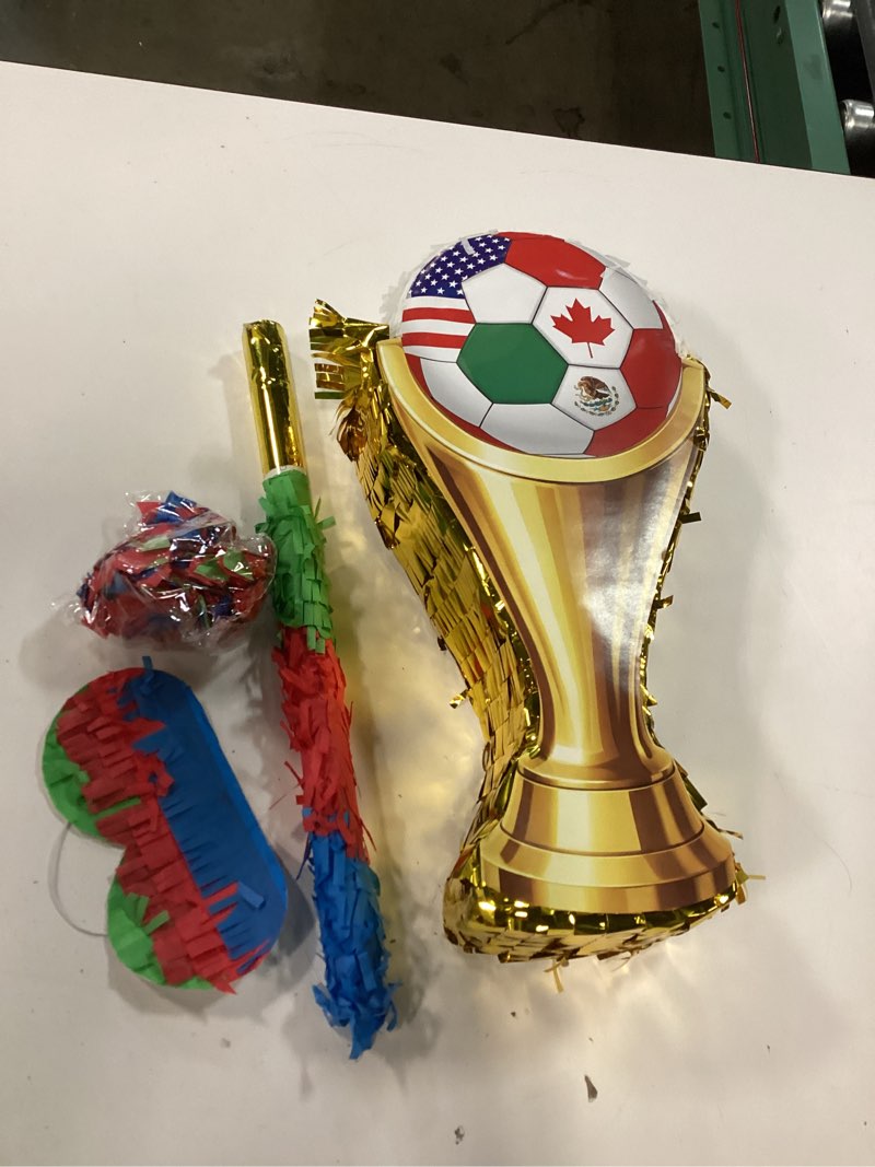 Condition photo showing Good Condition for blueweenly 16'' large soccer piñata trophy soccer birthday party piñata with stick blindfold confetti sports event for football celebration fan party decorations photo prop soccer trophy