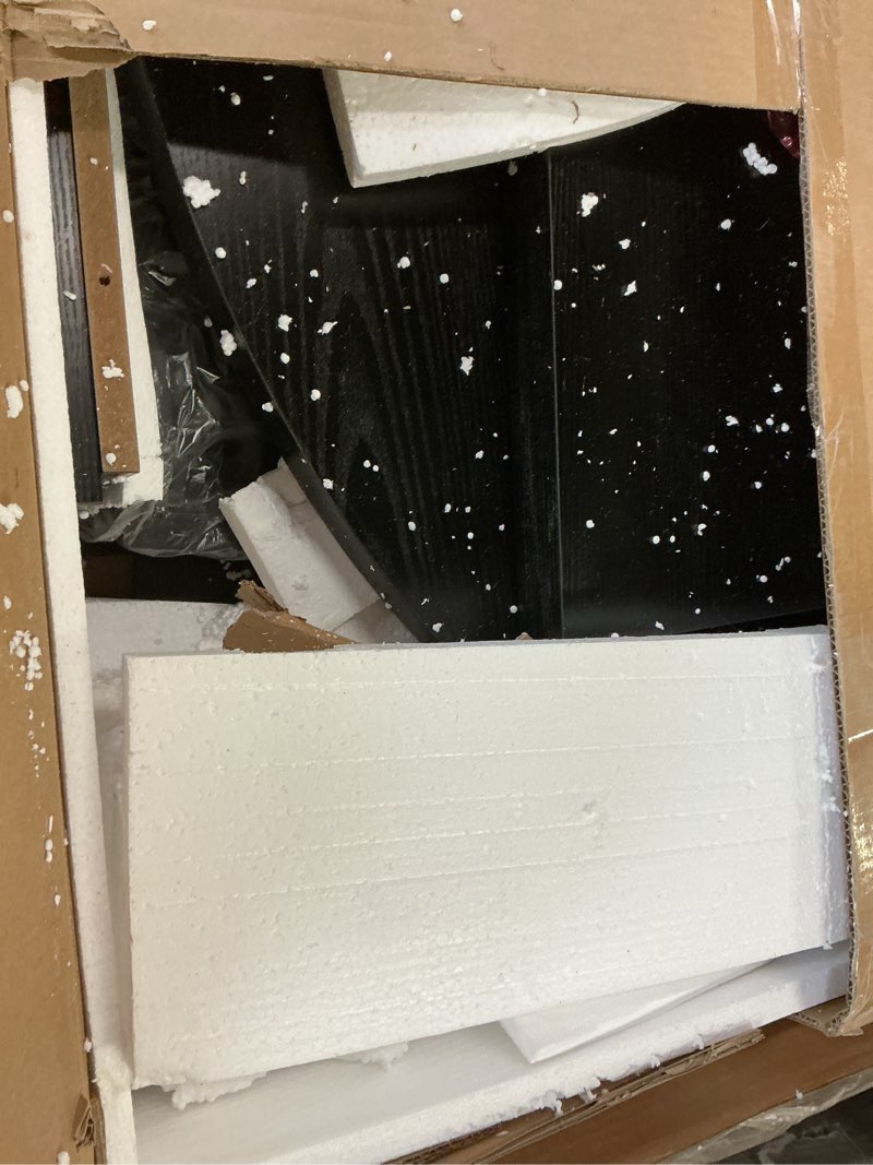 Condition photo showing As Is for garvee 47"-63" extendable round dining room table for 4-8, farmhouse wood expandablekitchen table w/wider leg, sturdy metal frame, oval circle, for dinner, kitchen, apartment, space save, retro black retro black with wavy legs