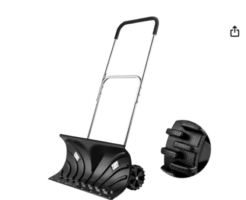 orientools driveway snow shovel with wheels, heavy duty snow pusher with 6 inch wheels and 26 inch wide blade for efficient snow removal, snow pusher