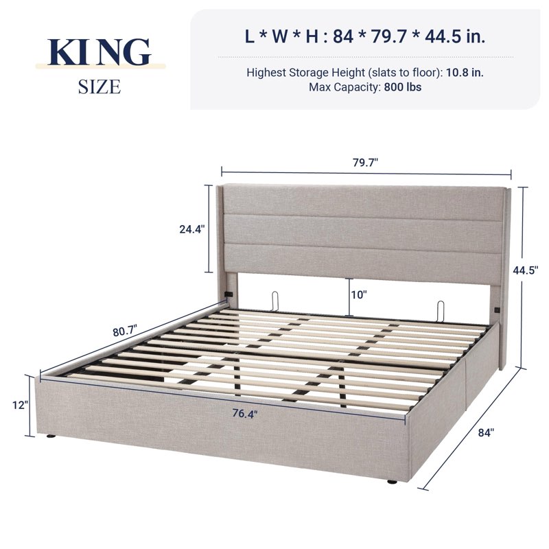 *may be missing box*grey*king size*Elison Platform Bed with Fabric Upholstered Headboard and Wooden Slats