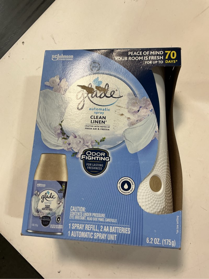 Condition photo showing Good Condition for glade automatic spray air freshener starter kit  gift set  1 holder and 1 refill  clean linen  fragrance infused with essential oils  6.2 oz  2 count