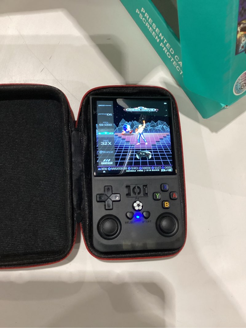 Condition photo showing As Is for no charger cord r36max retro handheld game console, 4.0 inch ips hd screen portable retro gaming console, 1.5ghz cpu support 30+ emulator console video game console, 4000mah battery (64gb black)