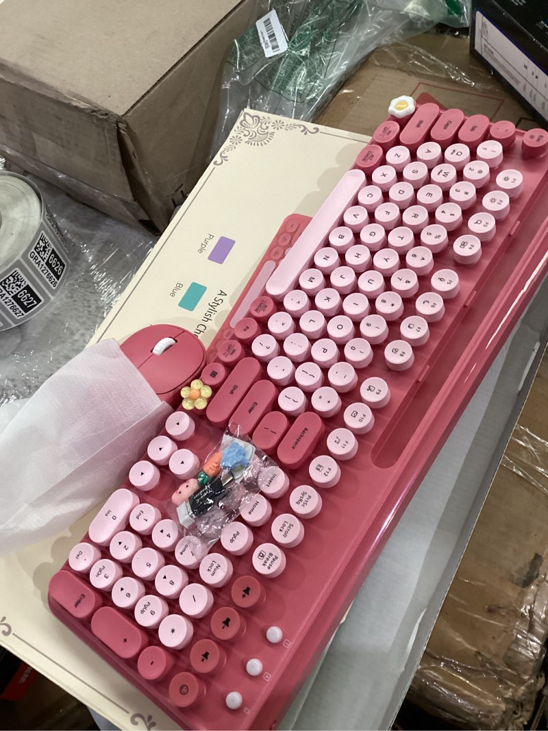 Condition photo showing Good Condition for wireless keyboard and mouse combo, cute full-size typewriter-style keyboard, retro round keycaps, phone/tablet holder, 3-level dpi mouse, 2.4ghz cordless for mac windows pc laptop, trueque ck13, rose hot pink