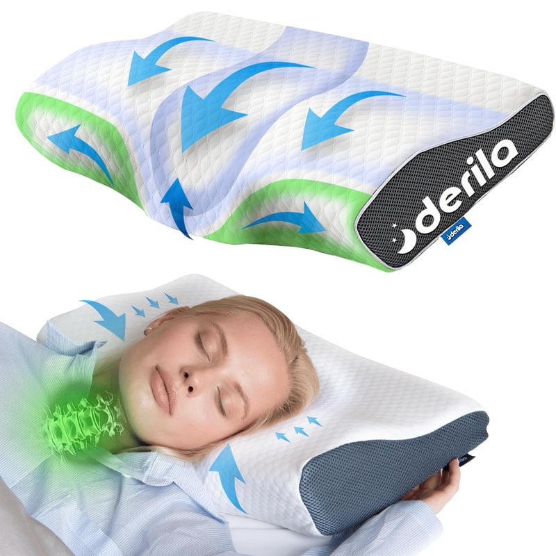 Derila Cervical Neck Pillow for Sleeping - Ergonomic Neck Support Pillow for Back, Stomach, Side Sleeper Contour Memory Foam Pillows for Shoulder Relief