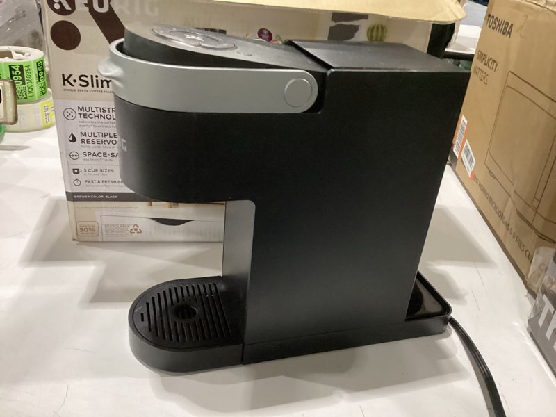 Condition photo showing As Is for not tested incomplete missing water tank keurig k-slim single serve k-cup pod coffee maker, multistream technology, 3 brew sizes, slim and sleek design, 46oz removable reservoir, black