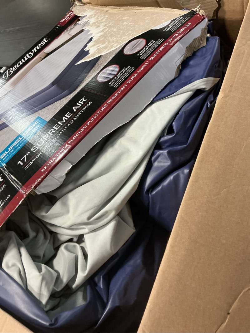 Condition photo showing As Is for beautyrest supreme air, queen size air mattress with built-in pump, raised inflatable bed for adults, puncture-resistant vinyl, auto shut-off, 650lb support, guest bed, camping airbed, 3-year warranty