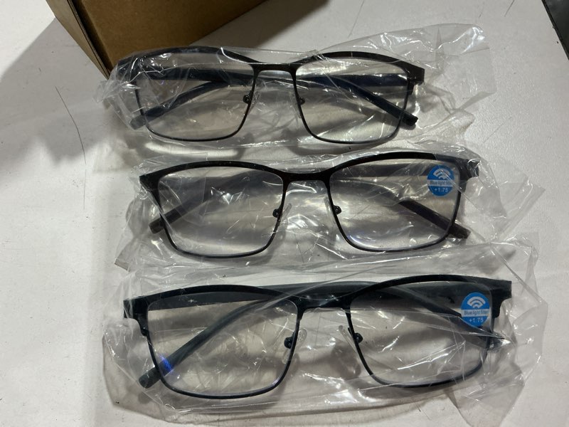 Condition photo showing Good Condition for 3 pack reading glasses men, blue light blocking reading glasses 1.75, anti eyestrain/glare/uv, metal frame spring hinge computer readers with pouches (1.75+) gun+brown+blue 1.75 x