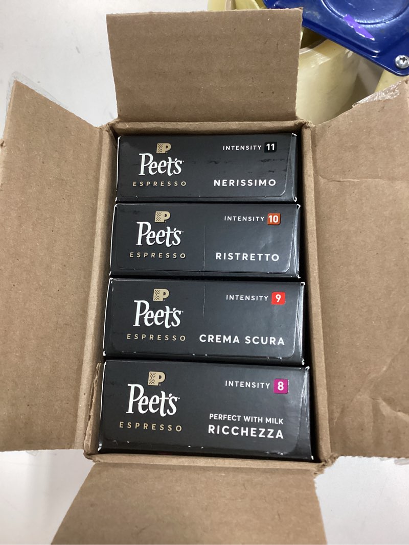 Condition photo showing New/Like New for Peet's Coffee Gifts, Espresso Coffee Pods Variety Pack, Dark & Medium Roasts, Intensity 8-11, 40 Count (4 Boxes of 10 Espresso Capsules)