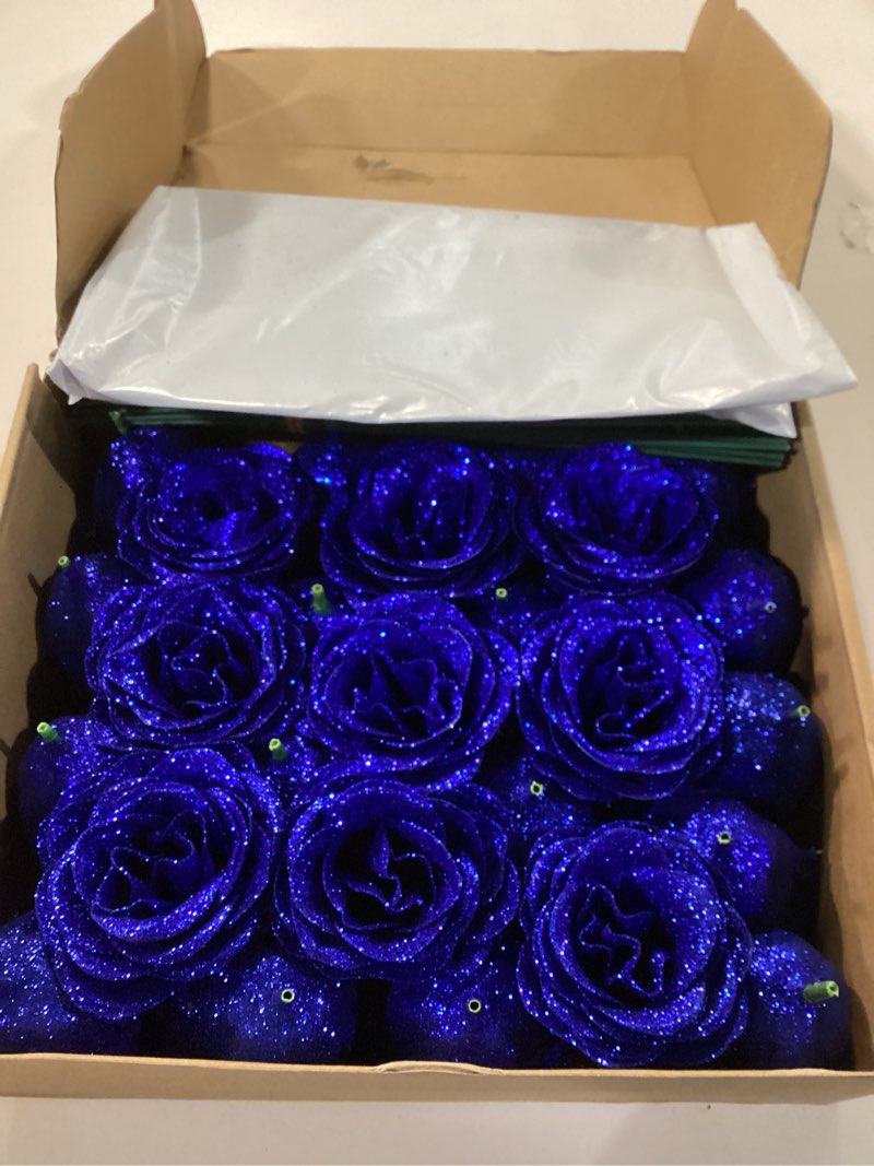 Condition photo showing New/Like New for 24 Pcs Glitter Rose Bouquet Fake Forever Flowers Everlasting Shiny Self-Assembly Flowers for Valentines Birthday Anniversary Engagement(Blue)