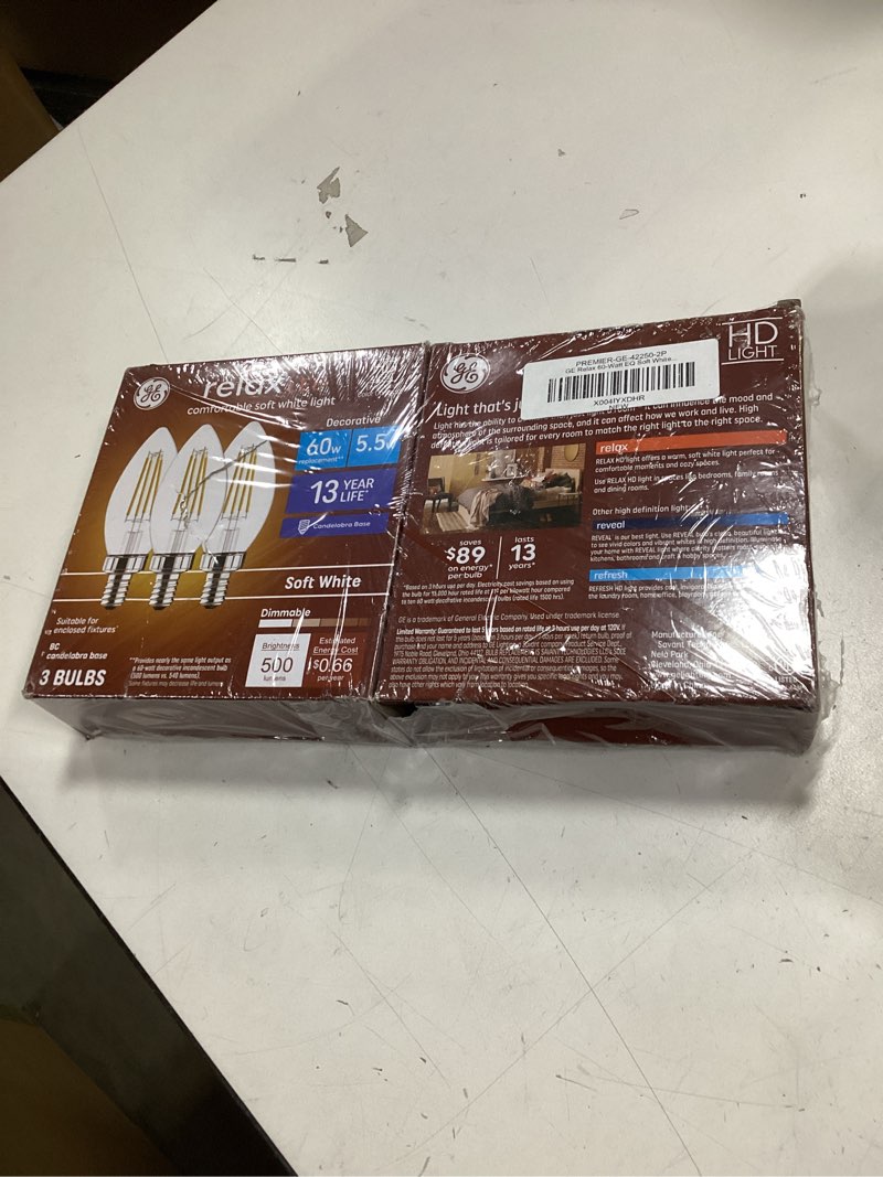 Condition photo showing New/Like New for GE Relax 6-Pack 60 W Equivalent Dimmable Soft White Ca12 LED Light Fixture Light Bulbs Decorative Candelabra Antique