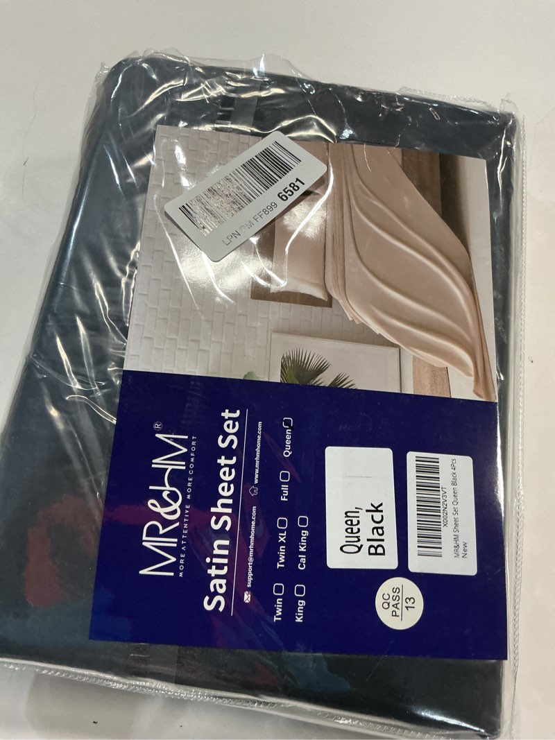 Condition photo showing New/Like New for MR&HM Satin Bed Sheets, Queen Size Sheets Set, 4 Pcs Silky Bedding Set with Elastic Corner Straps and 15 Inches Deep Pocket for Mattress (Queen, Black) 01- Black Queen