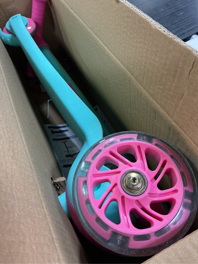 Condition photo showing As Is for 3 wheel scooter for kids, smooth light up led front wheels, wide anti slip deck, rear foot brake, easy lean to steer maneuvering, indoor & outdoor ride on toys for ages 2 up, candy