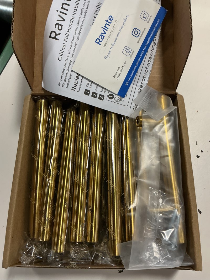 Condition photo showing New/Like New for ravinte cabinet handles,5" length,3" hole center,brushed brass,12 pack | stainless steel feel, round t-bar shape, kitchen drawer pulls, cabinet handles, for cupboards, drawers, dressers, cabinets brushed brass 12