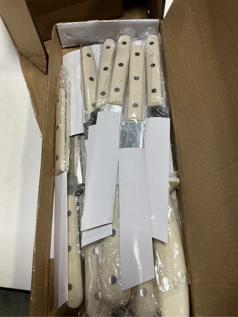 Condition photo showing New/Like New for martha stewart eastwalk 14 piece high carbon stainless steel cutlery kitchen knife block set w/abs triple riveted forged handle acacia wood block - linen white knife block set (14-piece) linen