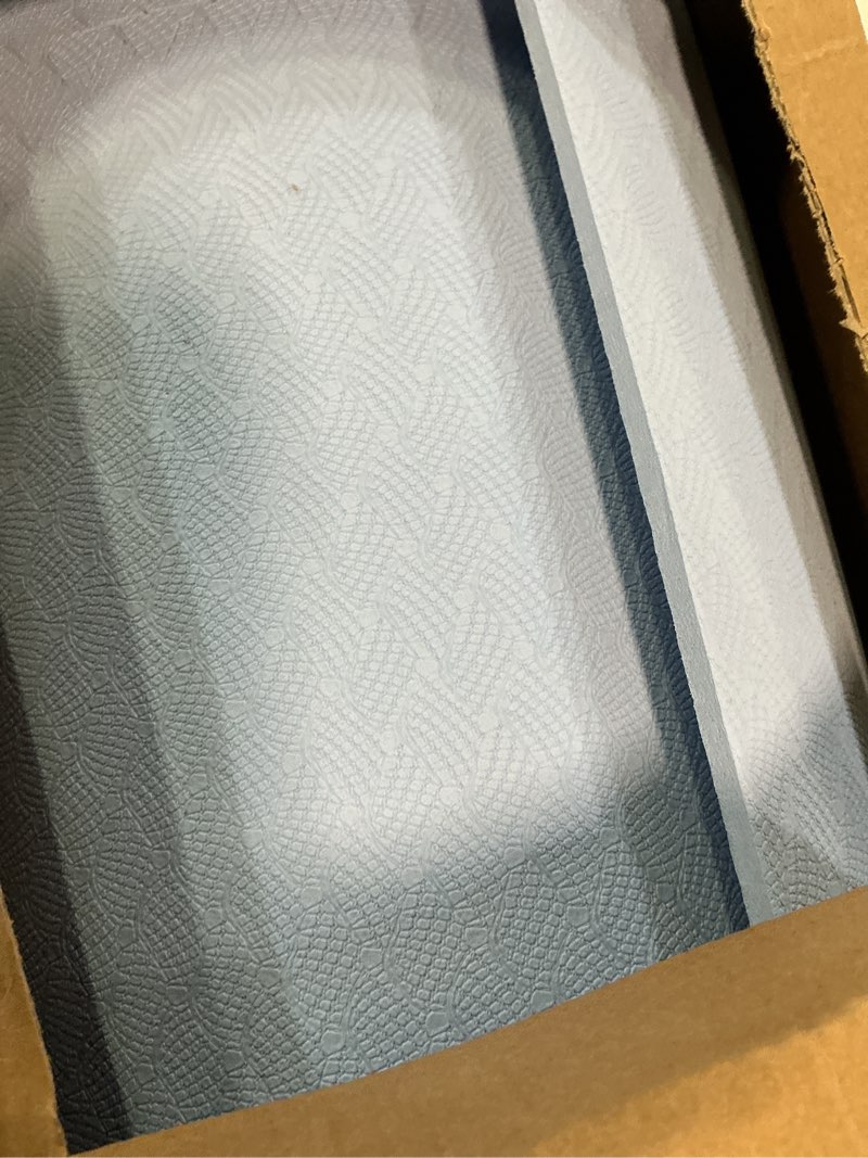 Condition photo showing As Is for extra wide yoga mat 72" x 32", 6mm non slip tpe exercise mat with carrying strap, large workout mat for yoga, pilates, stretching, hiit & home gym ice blue