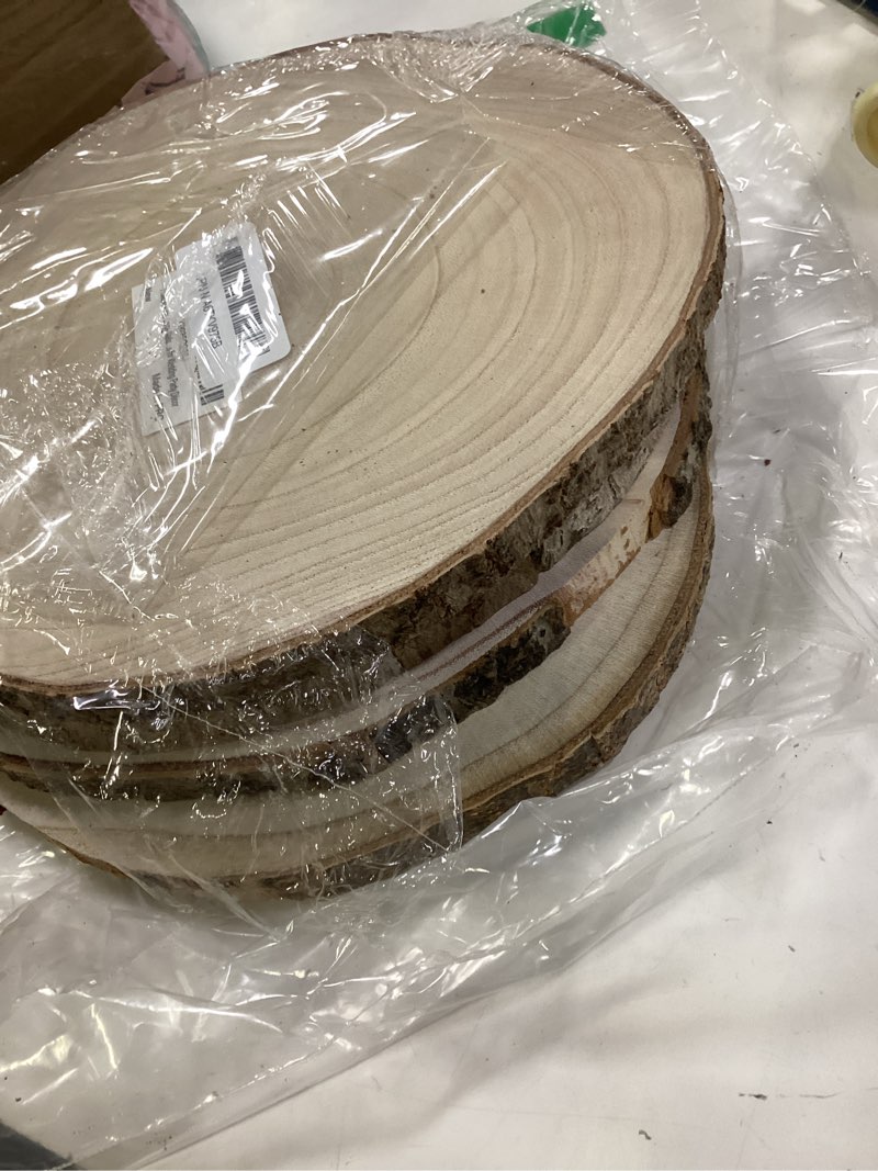 Condition photo showing Good Condition for Prsildan 4 Pcs Large Natural Wood Slices, 10-11.5 Inches Unfinished Wood Centerpieces for Tables, DIY Round Wooden Circle Sign Crafts for Wedding Party Décor 10 - 11.5