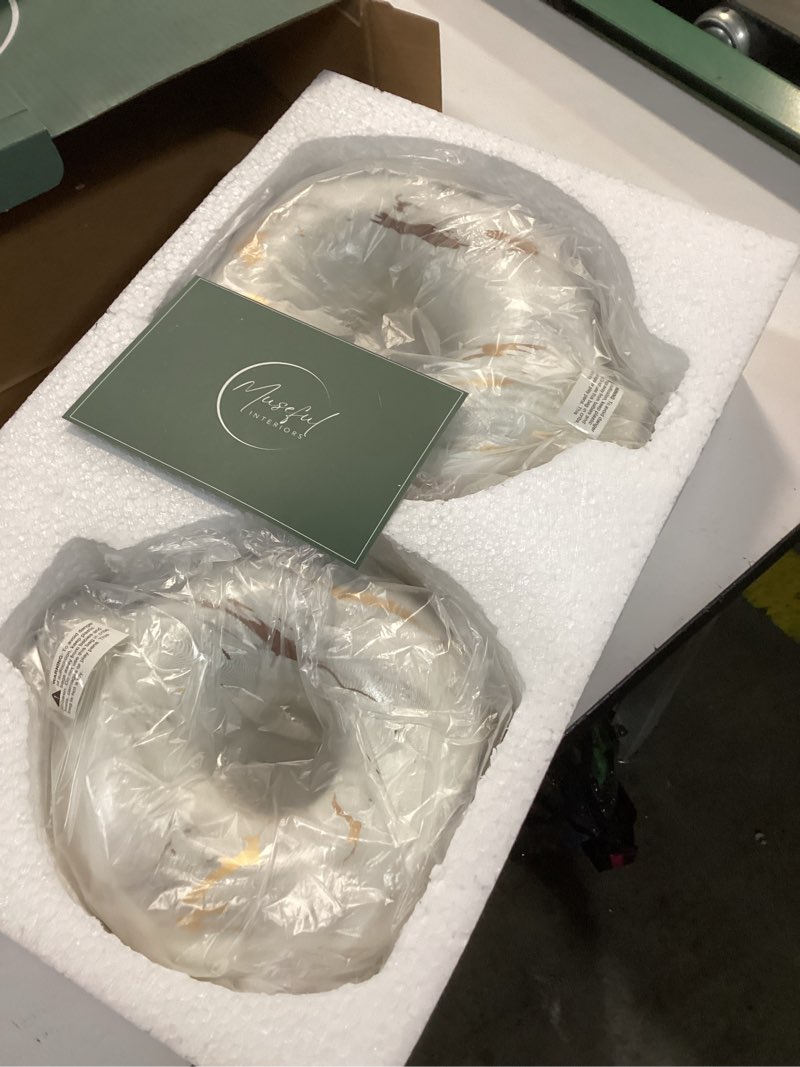 Condition photo showing New/Like New for Modern Ceramic Donut Vase Set of 2 - Boho Design White and Gold Marble Pattern Vases for Flowers and Pampas - Elegant Home Decor Centerpieces for Coffee Tables - Entryways - Dining and Living Rooms